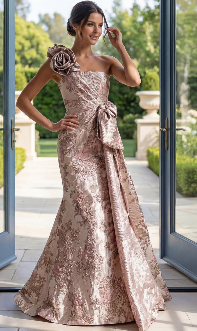 Jovani 49623 Jacquard Floral Print Rosette One-Shoulder Gown