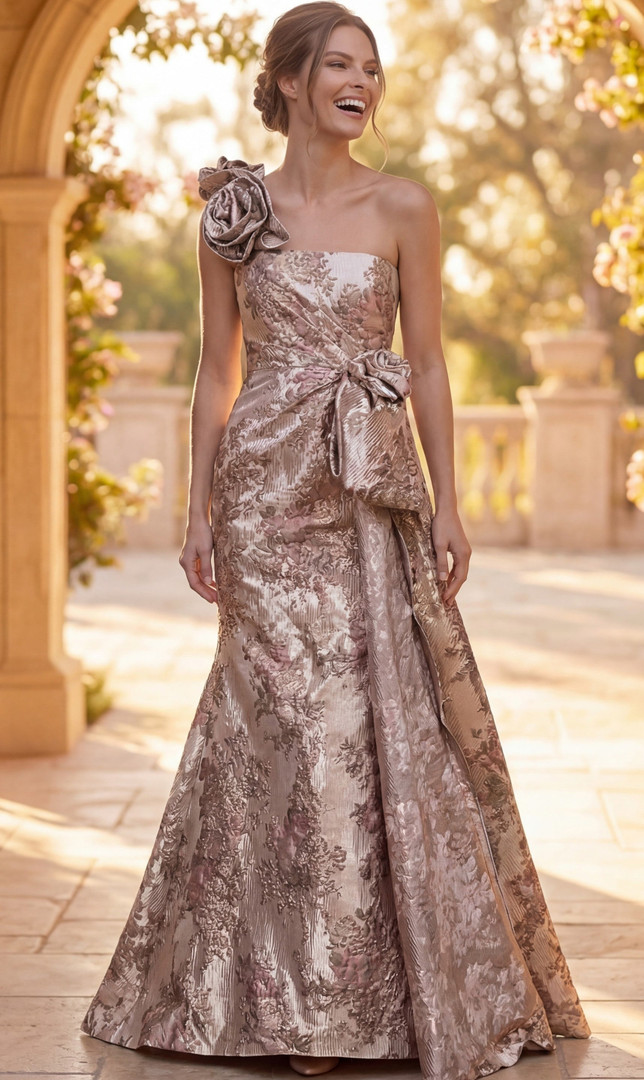 Jovani 49623 Jacquard Floral Print Rosette One-Shoulder Gown