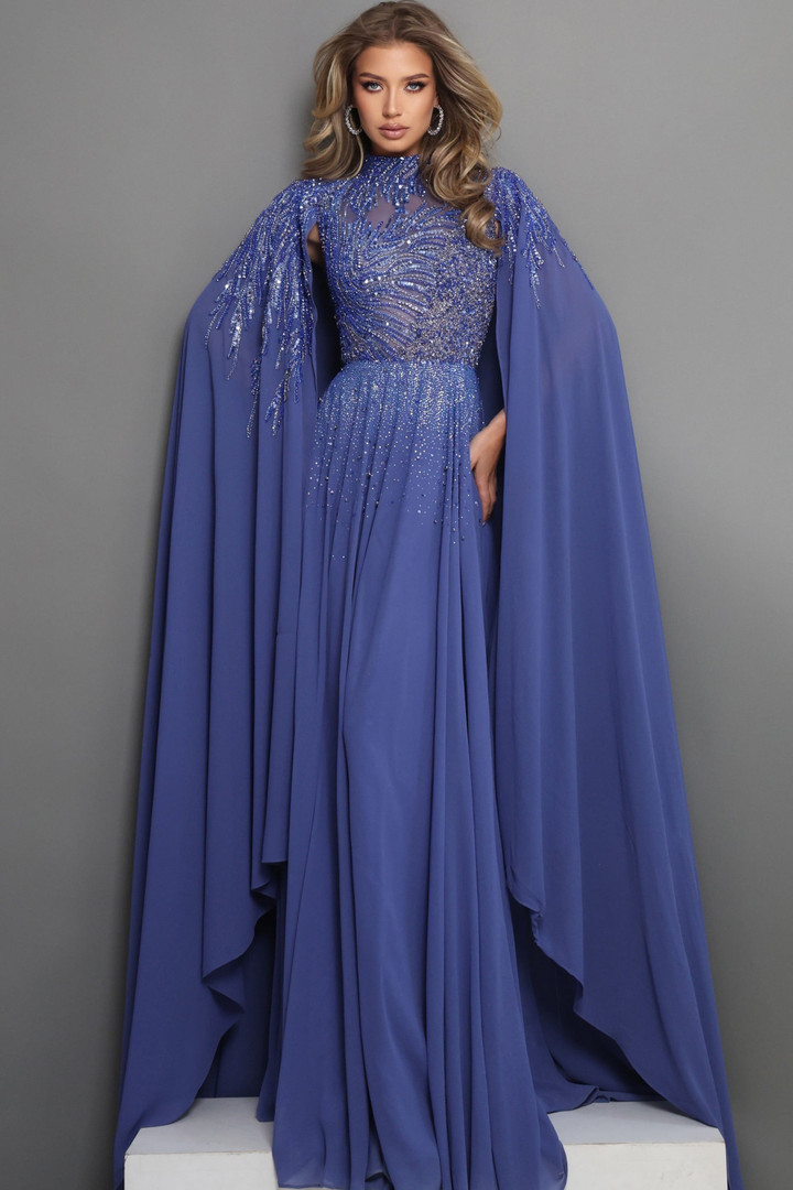 Jovani 49742 Chiffon Beaded Illusion Neck Cape Sleeve Dress