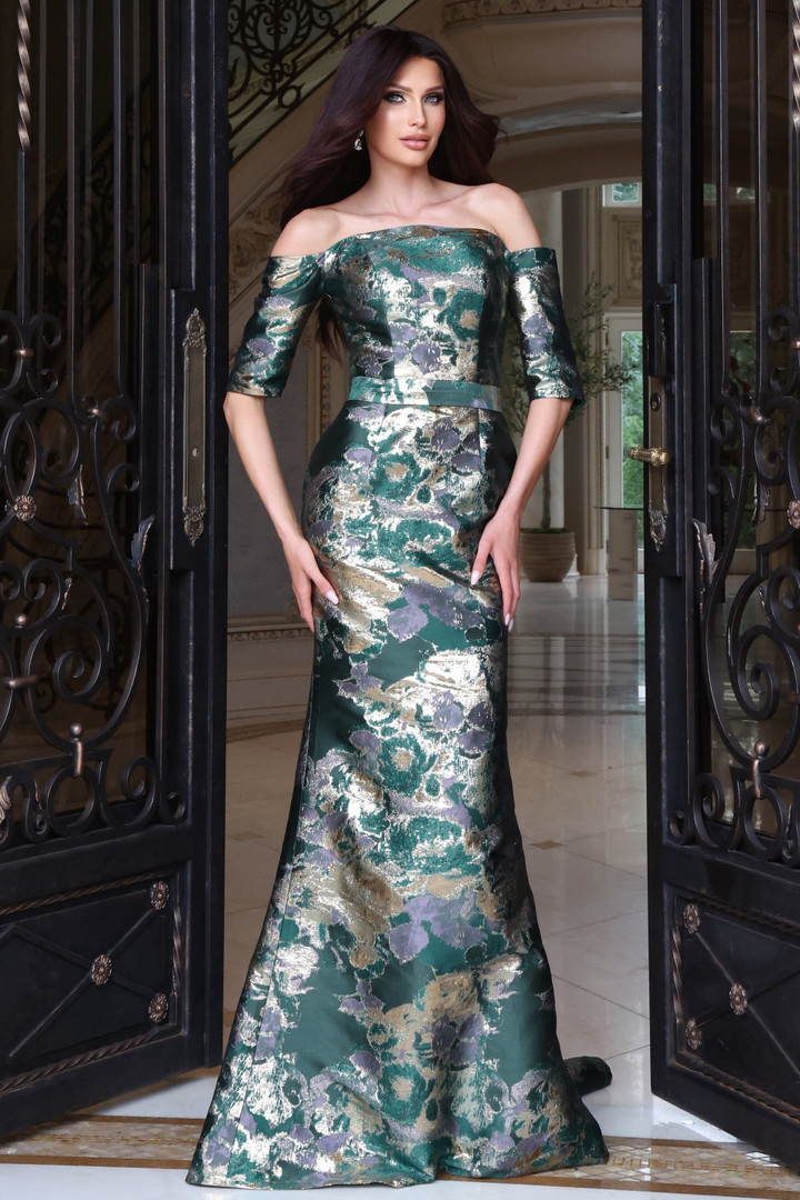 Jovani 51599 Metallic Jacquard Off Shoulder Sleeve Gown