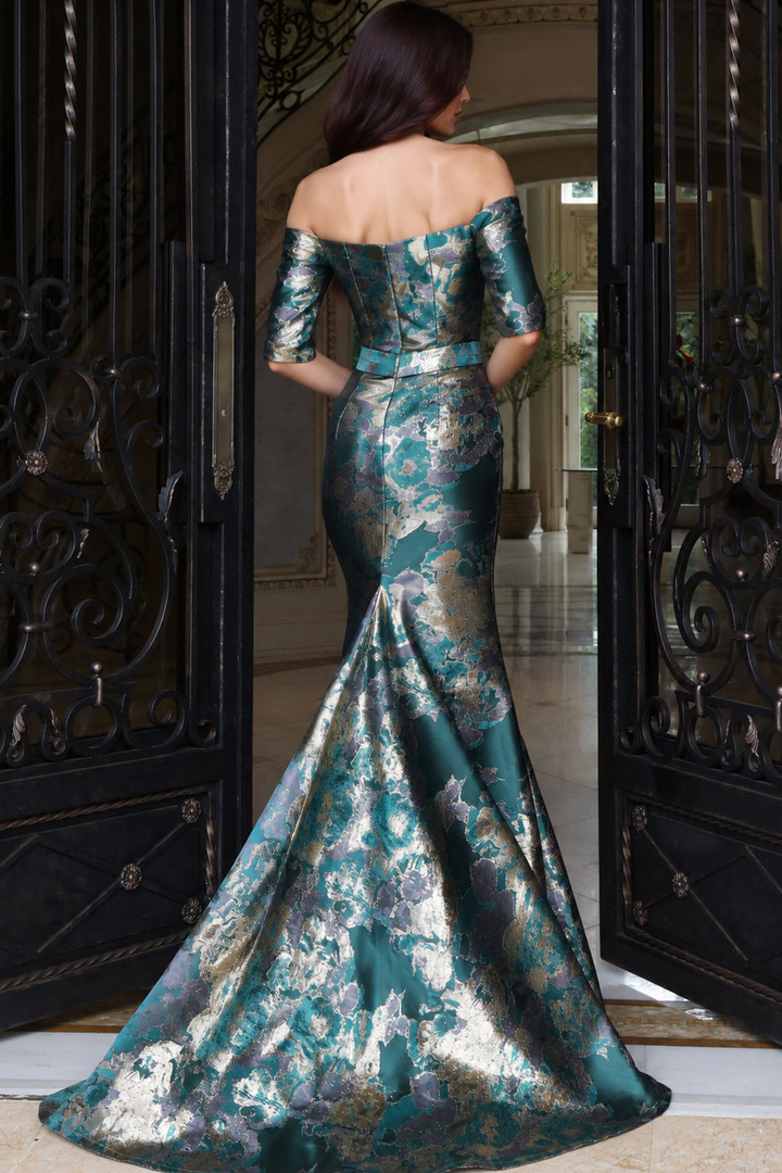 Jovani 51599 Metallic Jacquard Off Shoulder Sleeve Gown