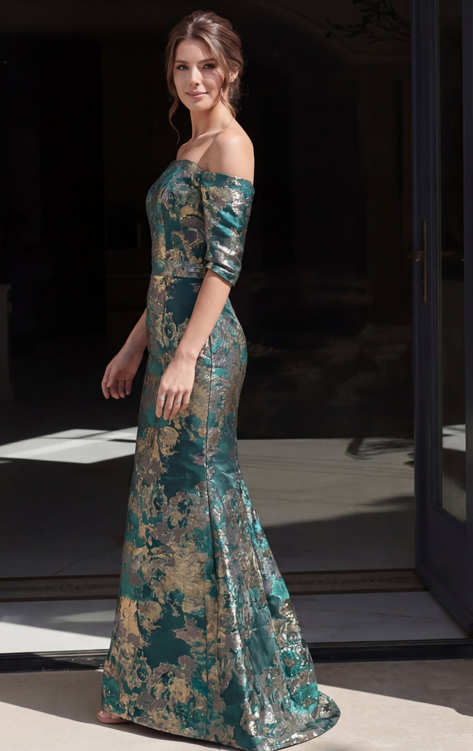 Jovani 51599 Metallic Jacquard Off Shoulder Sleeve Gown