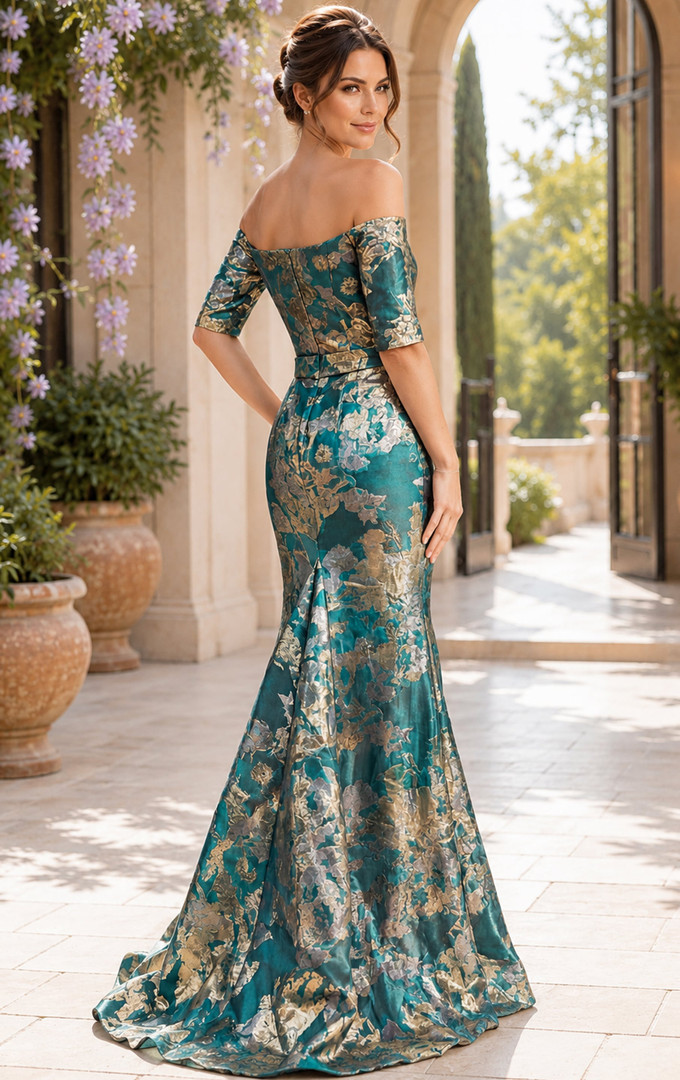 Jovani 51599 Metallic Jacquard Off Shoulder Sleeve Gown
