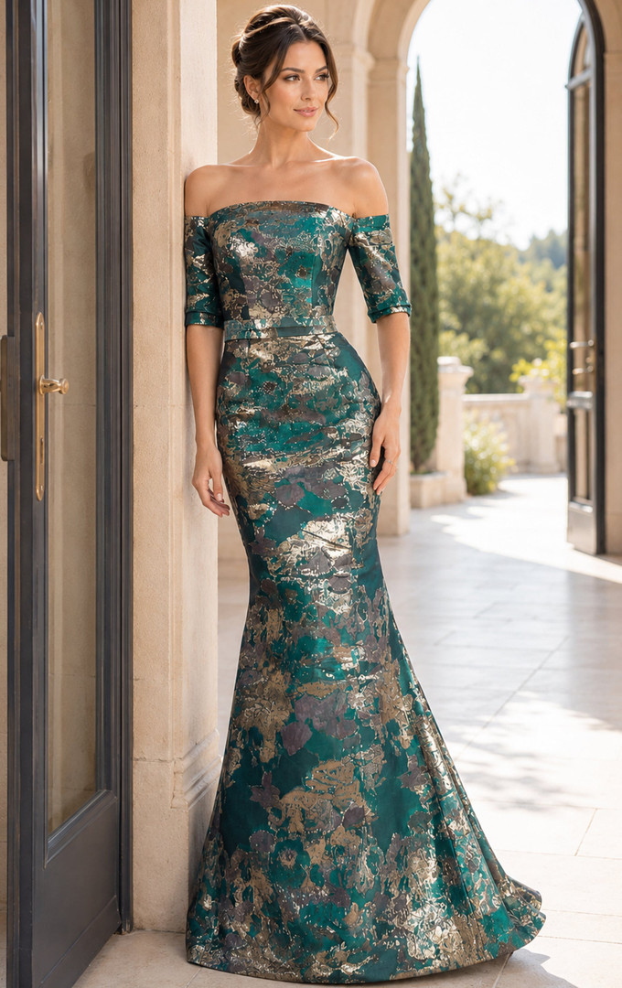 Jovani 51599 Metallic Jacquard Off Shoulder Sleeve Gown