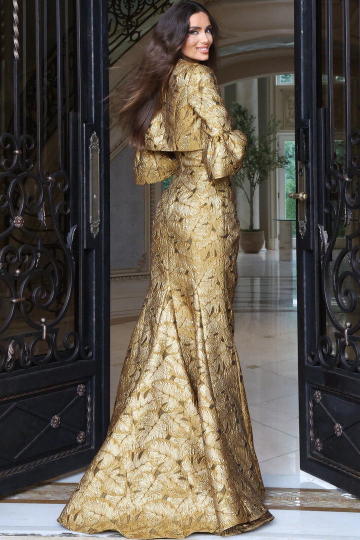 Jovani 51653 Jacquard Metallic Brocade Square Neckline Gown
