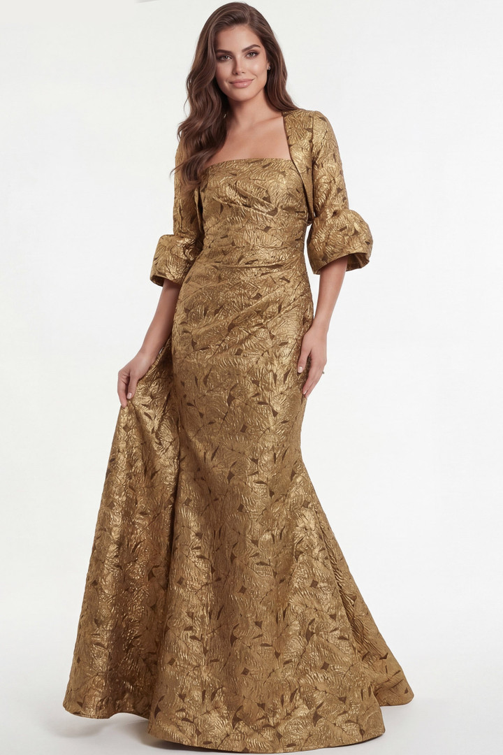 Jovani 51653 Jacquard Metallic Brocade Square Neckline Gown