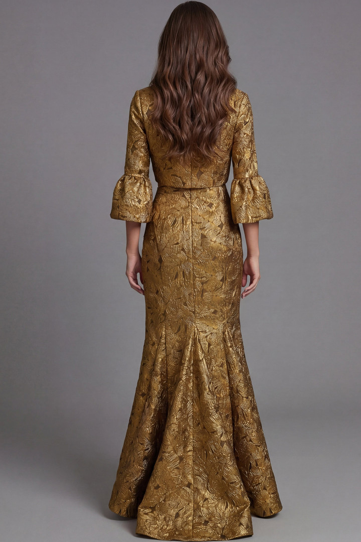 Jovani 51653 Jacquard Metallic Brocade Square Neckline Gown