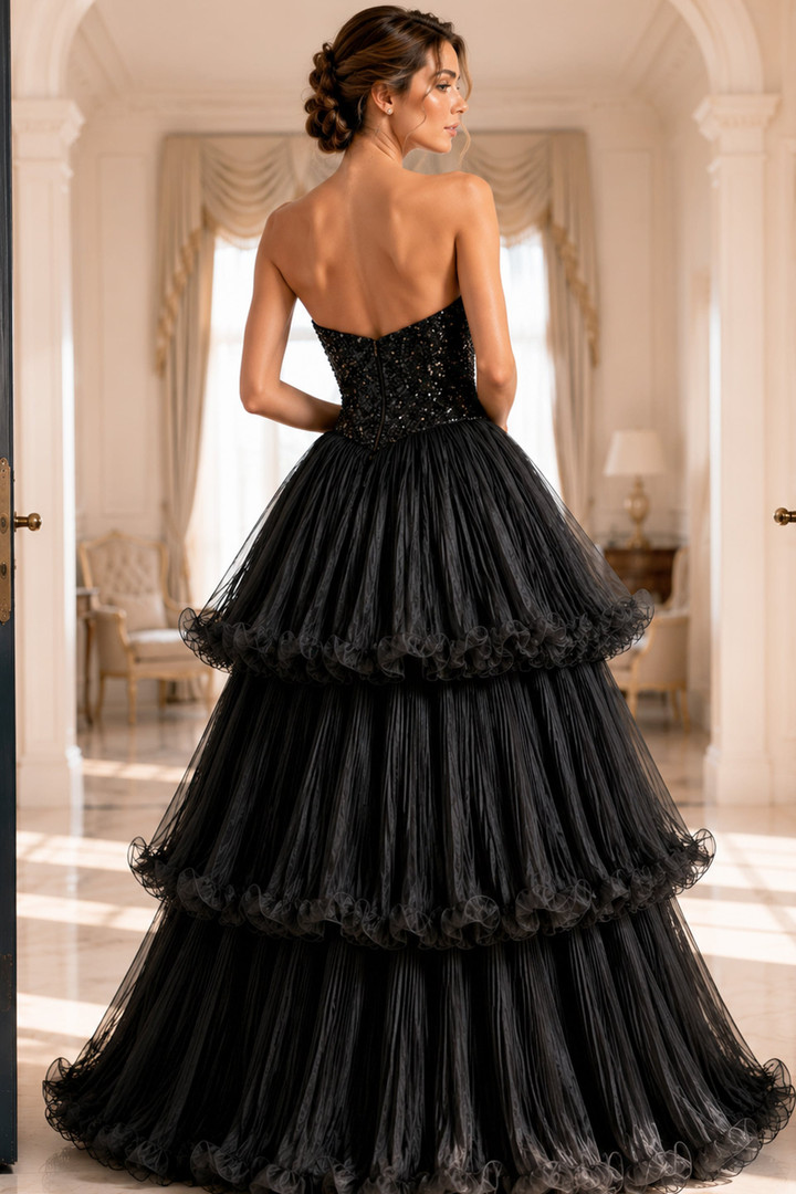 Jovani 48948 Chiffon Beaded Tiered Strapless Ball Gown