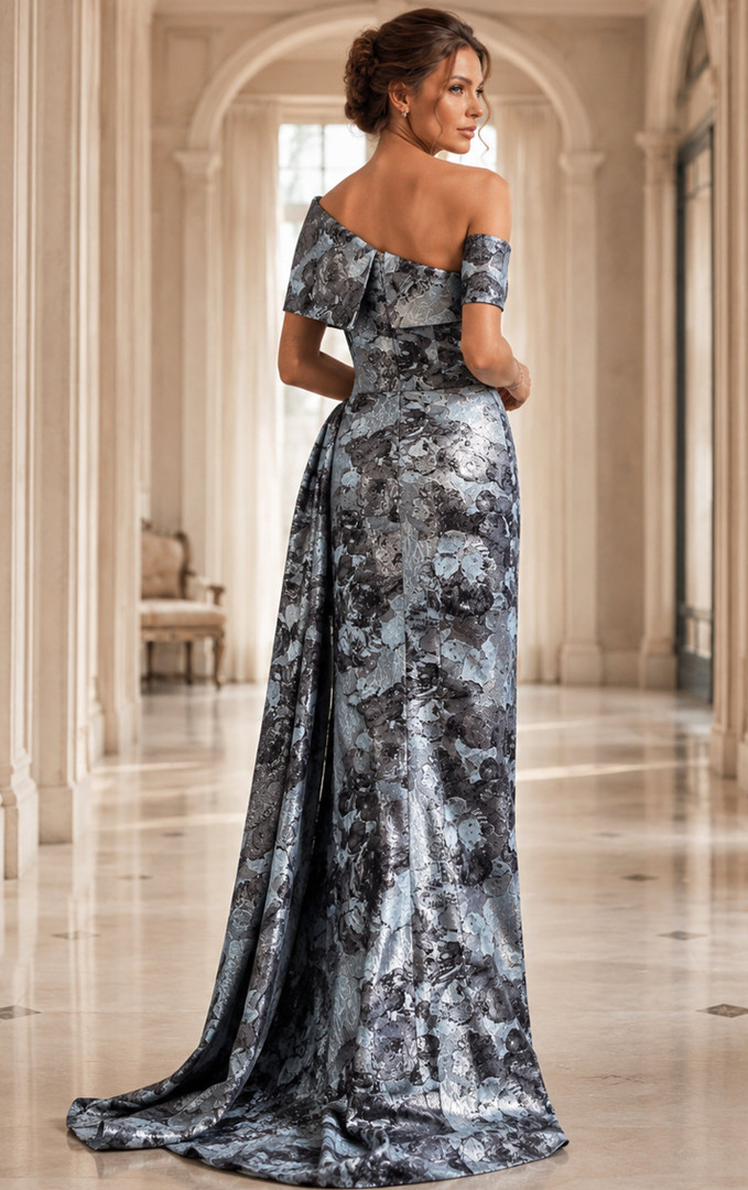 Jovani 49564 Velvet Floral One Shoulder Short Sleeves Gown