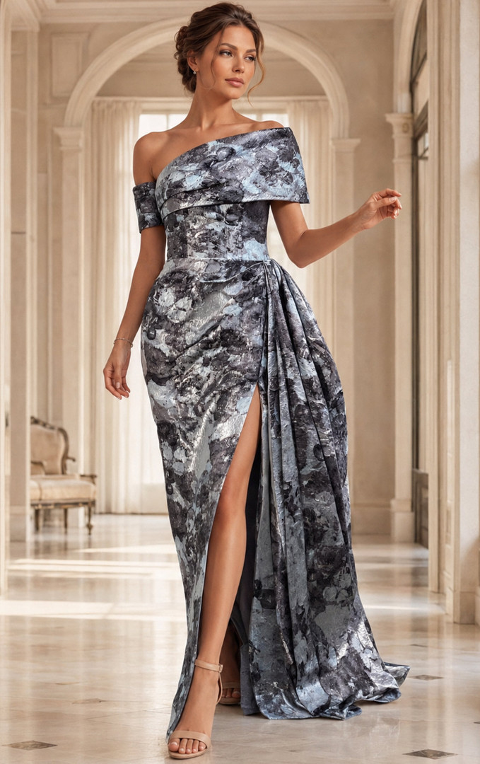 Jovani 49564 Velvet Floral One Shoulder Short Sleeves Gown