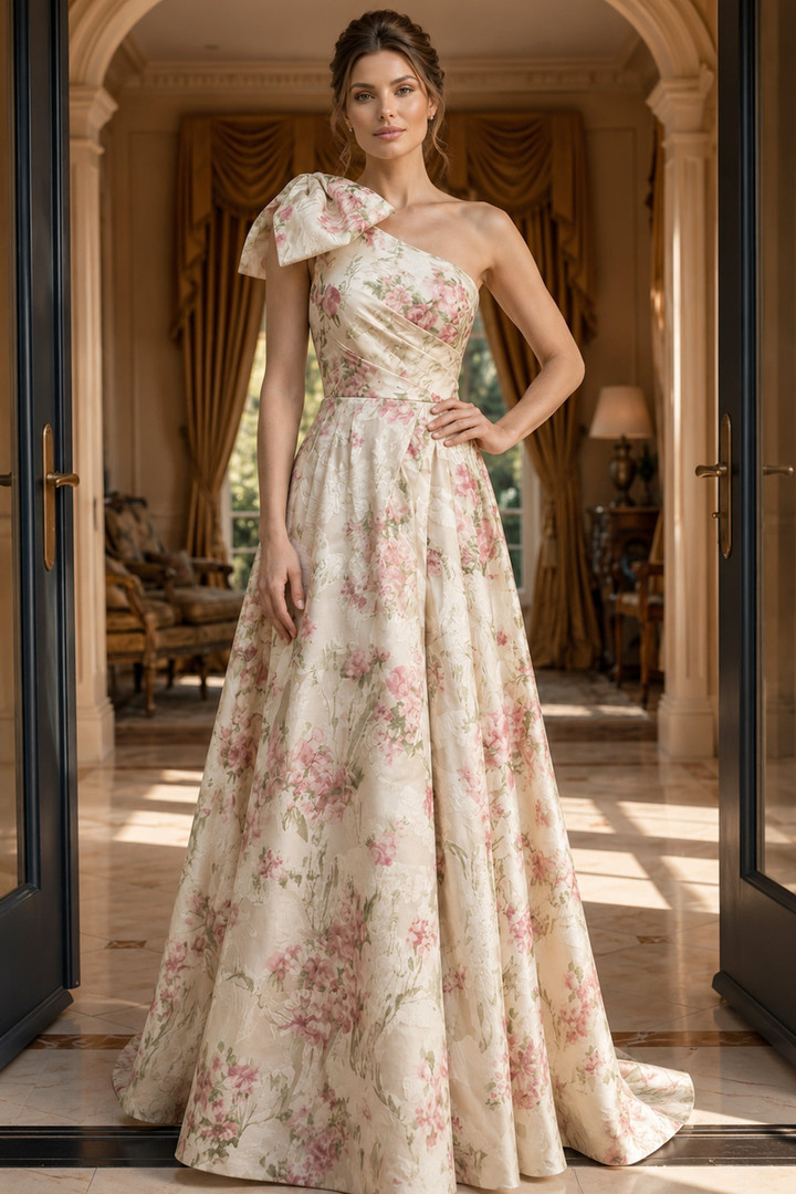 Jovani 52378 Chiffon Floral Print One Shoulder Bow Gown