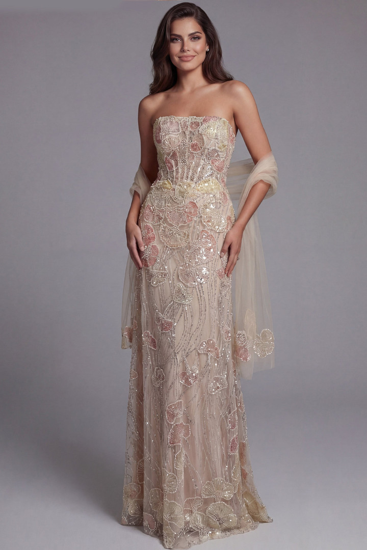 Jovani 49882 Floral Embellished Straight Neck Strapless Gown