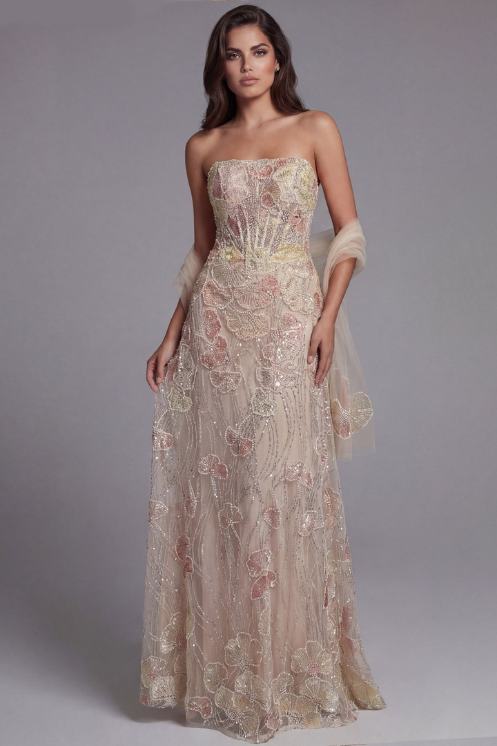 Jovani 49882 Floral Embellished Straight Neck Strapless Gown