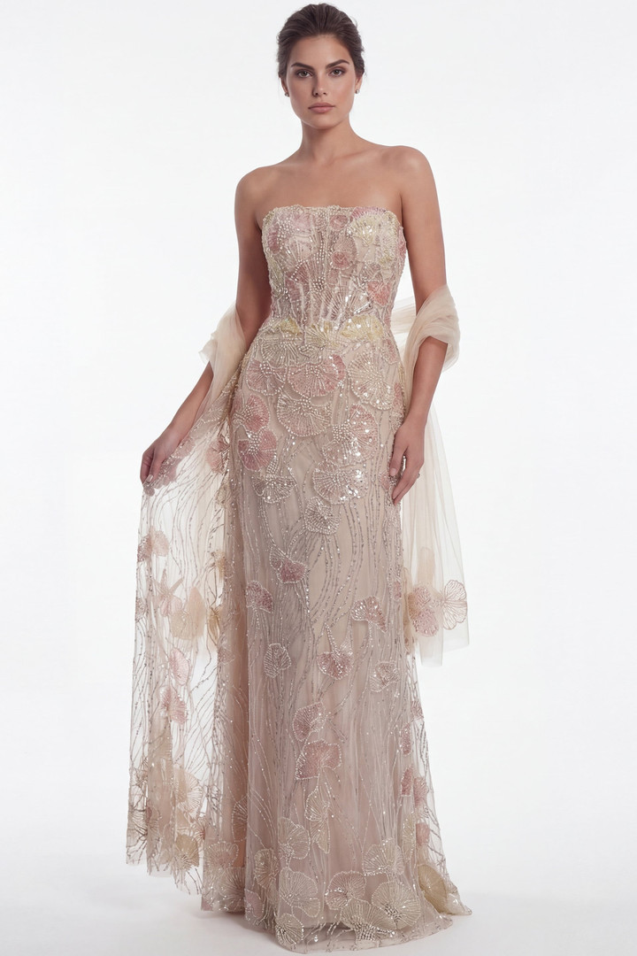 Jovani 49882 Floral Embellished Straight Neck Strapless Gown