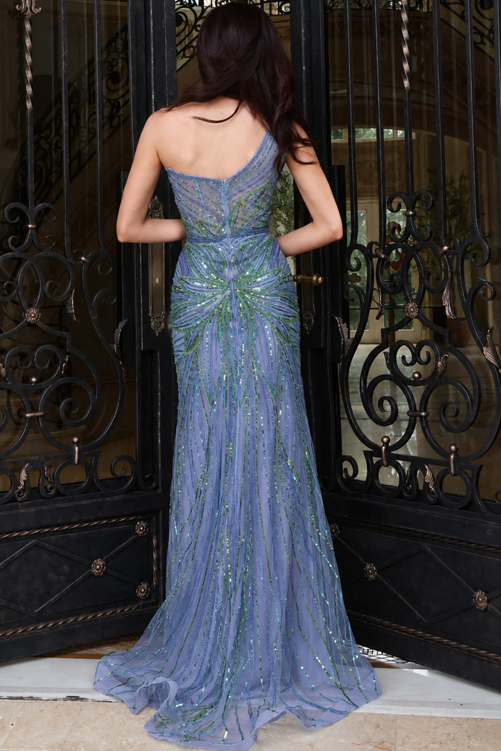 Jovani 48412 Tulle Sequins Beaded Off-Shoulder Sheath Gown