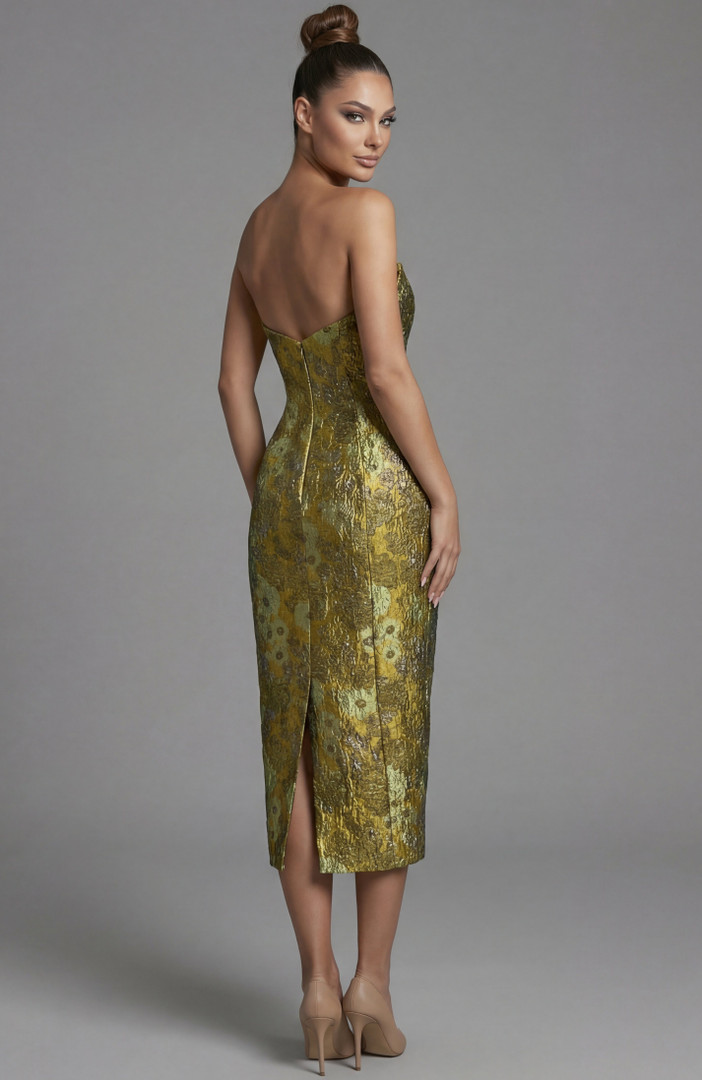 Jovani 51636 Metallic Brocade Strapless Shawl Midi Dress
