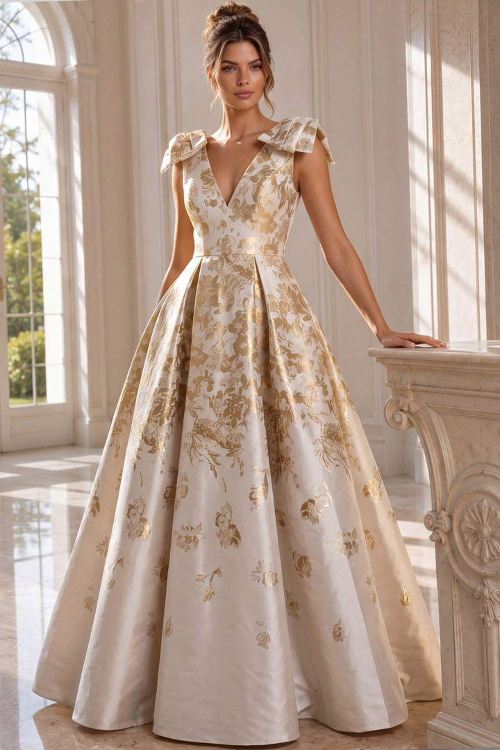 Jovani 47491 Jacquard Brocade Cap Sleeve Full Skirt Gown