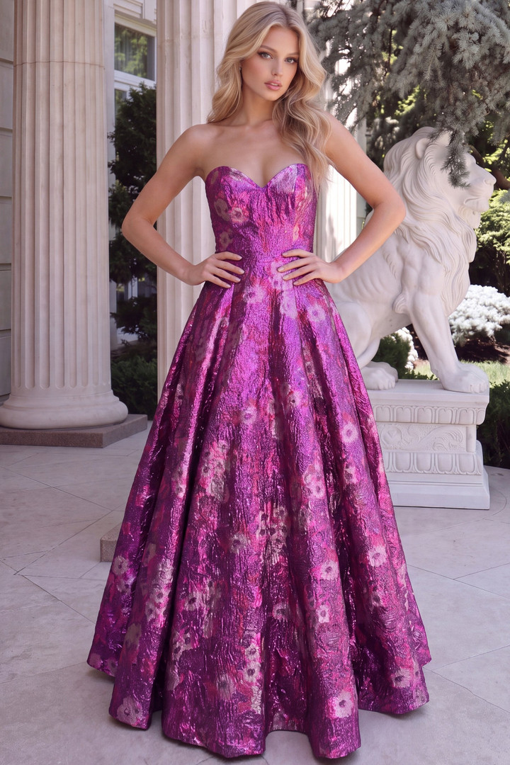 Jovani 51694 Metallic Brocade Floral Texture Strapless Gown
