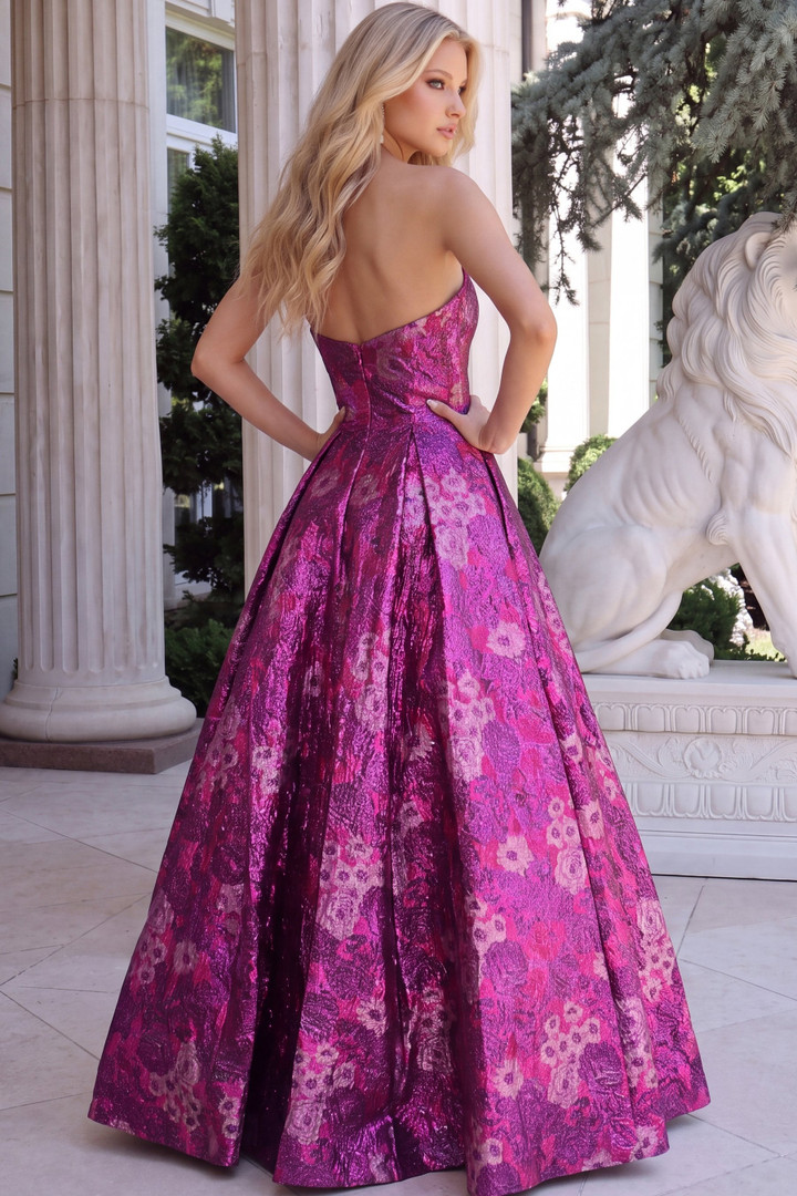 Jovani 51694 Metallic Brocade Floral Texture Strapless Gown