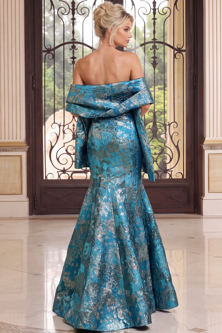Jovani 51634 Metallic Brocade Floral Pattern Strapless Gown