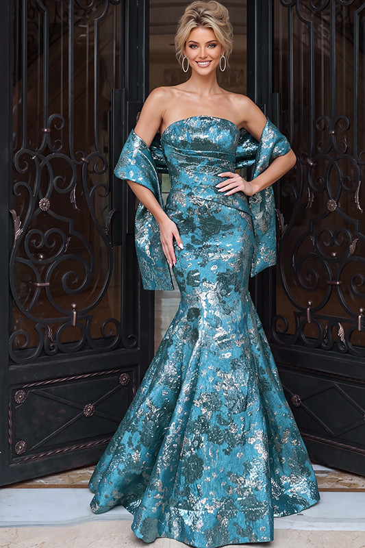 Jovani 51634 Metallic Brocade Floral Pattern Strapless Gown