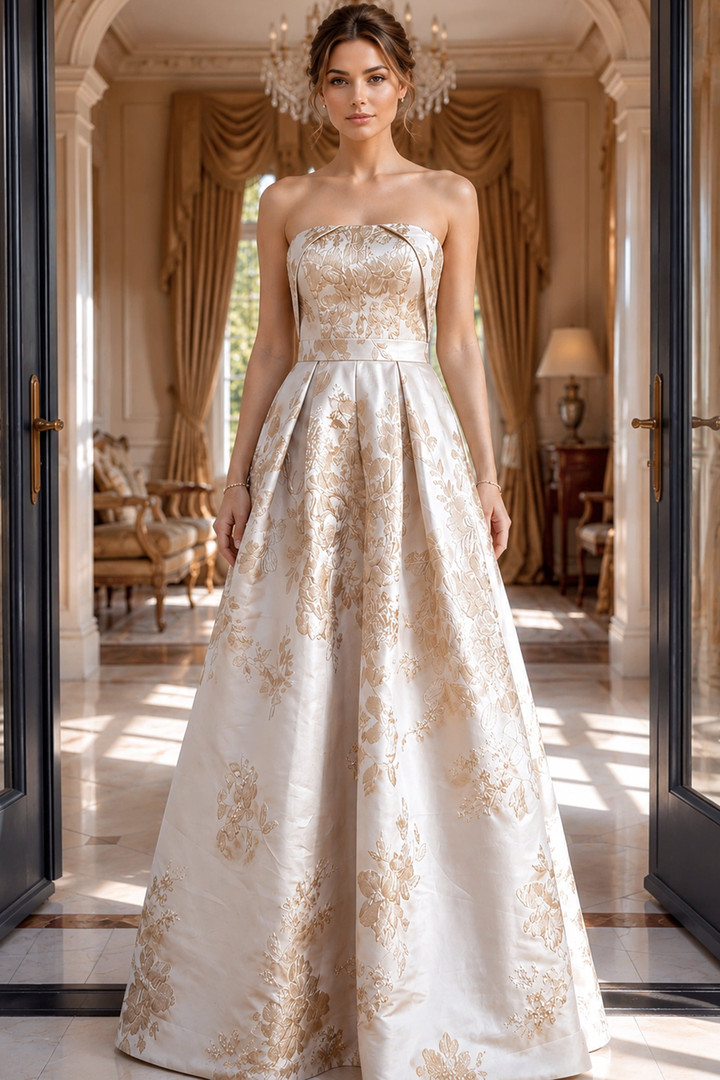 Jovani 46550 Jacquard Floral Brocade Strapless A-Line Gown