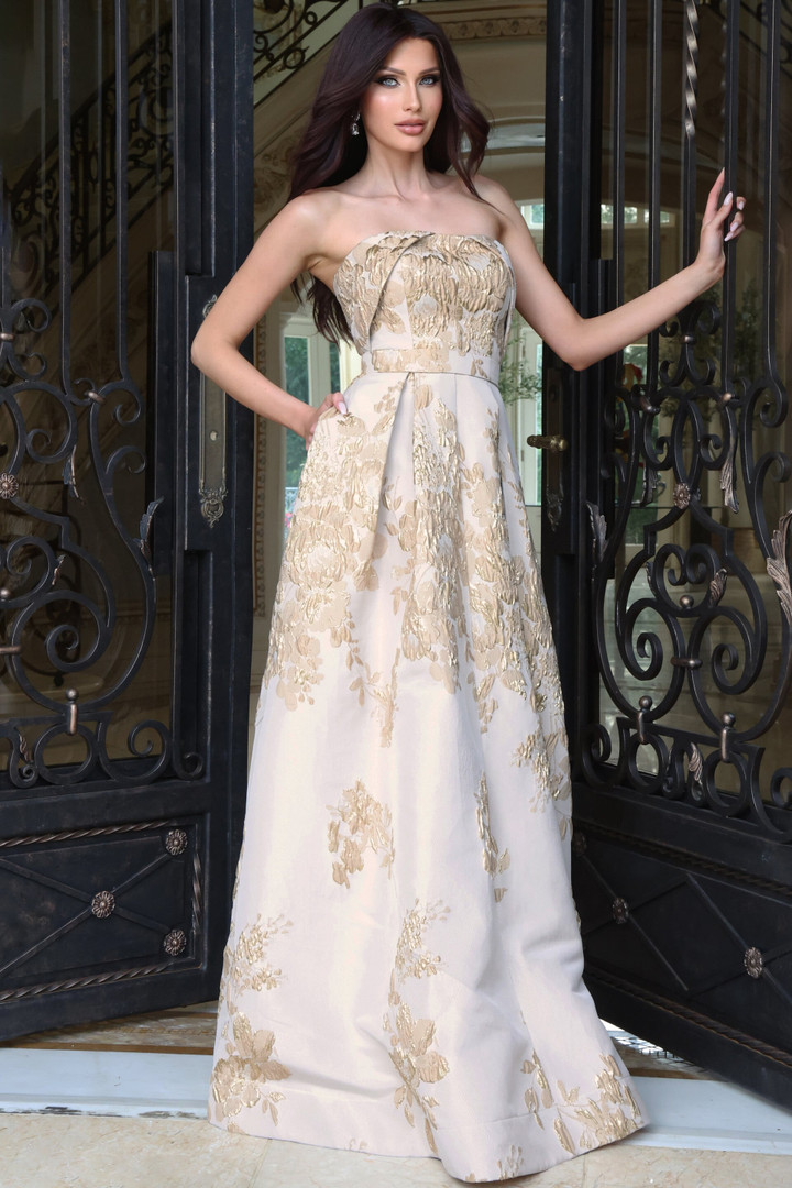 Jovani 46550 Jacquard Floral Brocade Strapless A-Line Gown