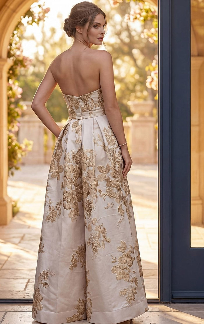 Jovani 46550 Jacquard Floral Brocade Strapless A-Line Gown