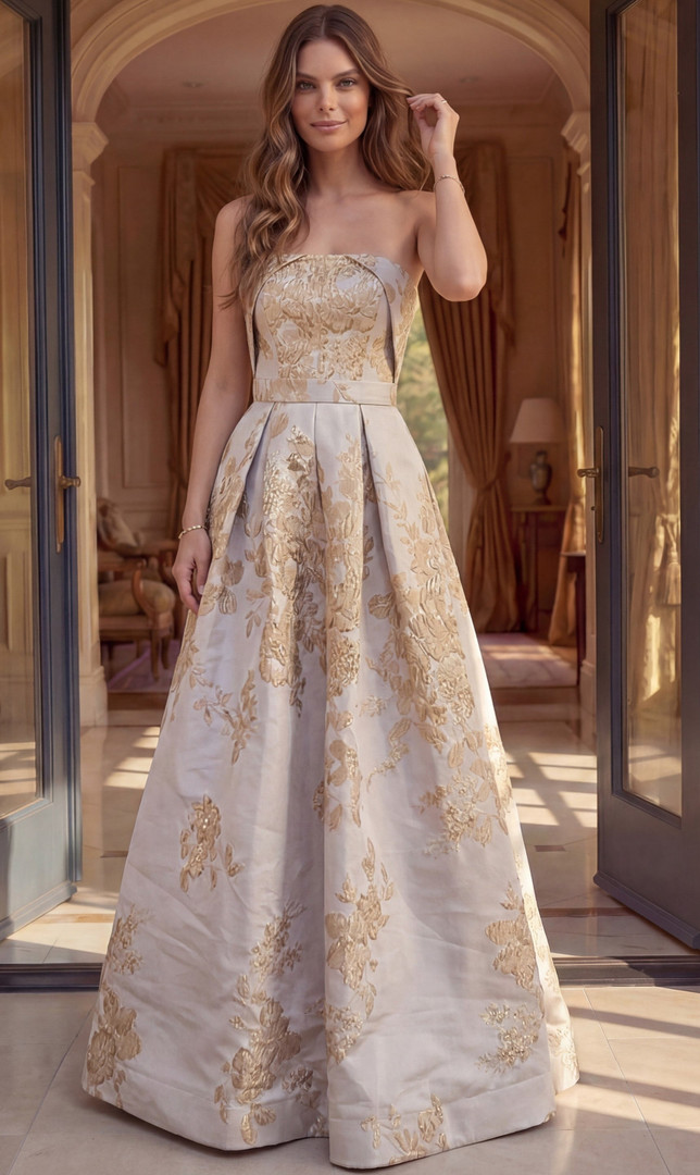 Jovani 46550 Jacquard Floral Brocade Strapless A-Line Gown