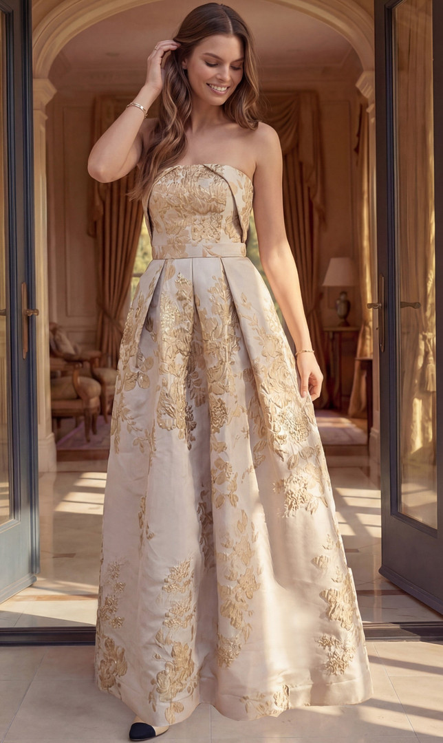 Jovani 46550 Jacquard Floral Brocade Strapless A-Line Gown