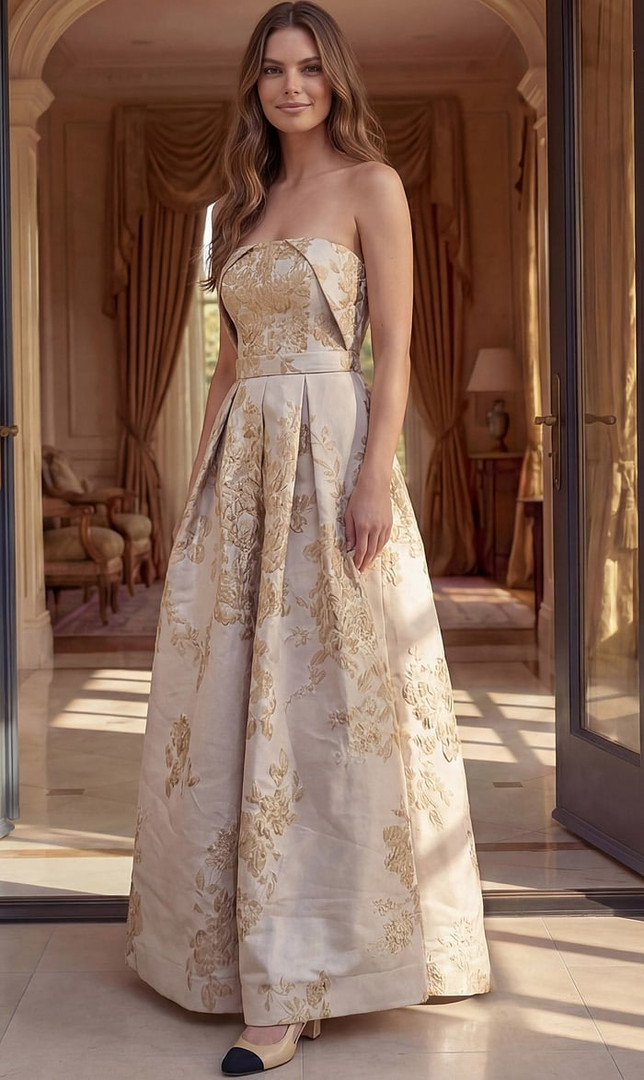 Jovani 46550 Jacquard Floral Brocade Strapless A-Line Gown