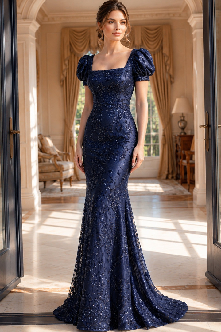 Jovani 48111 Square Neck Short Puff Sleeves Fitted Gown