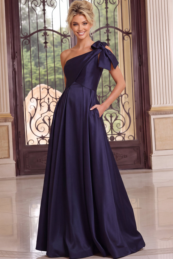 Jovani 49686 Satin Asymmetric One Shoulder Bow Ball Gown