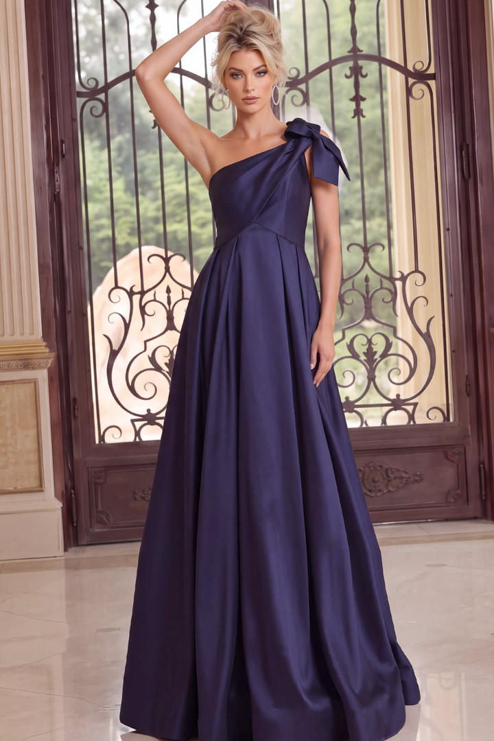 Jovani 49686 Satin Asymmetric One Shoulder Bow Ball Gown