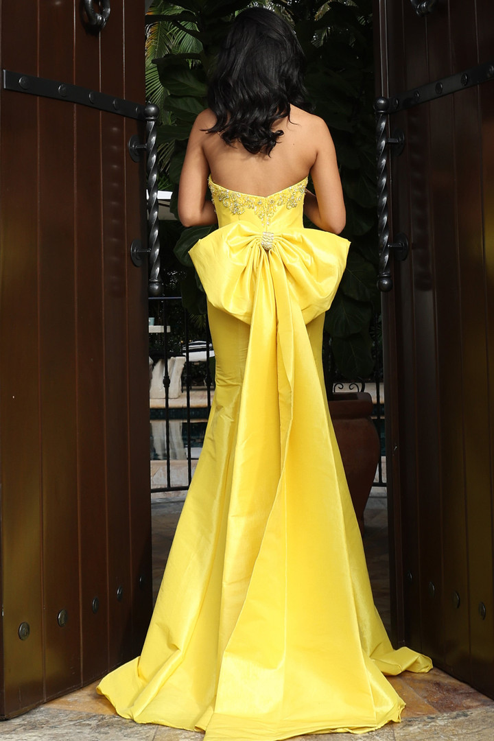 Jovani 46982 Structured Satin Beaded Strapless Back Bow Gown