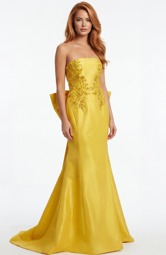 Jovani 46982 Structured Satin Beaded Strapless Back Bow Gown