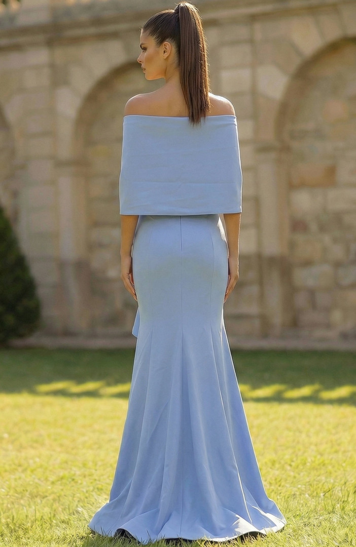 Jovani 50270 Crepe Cascading Ruffle Off Shoulder Sleeve Gown