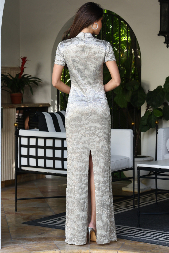 Jovani 48595 Beaded Lace High Neck Short Sleeve Sheath Gown