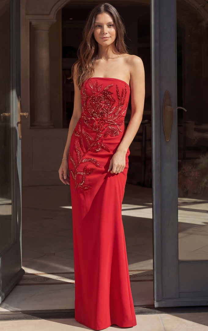 Jovani 48602 Crepe Floral Beaded Straight Strapless Gown