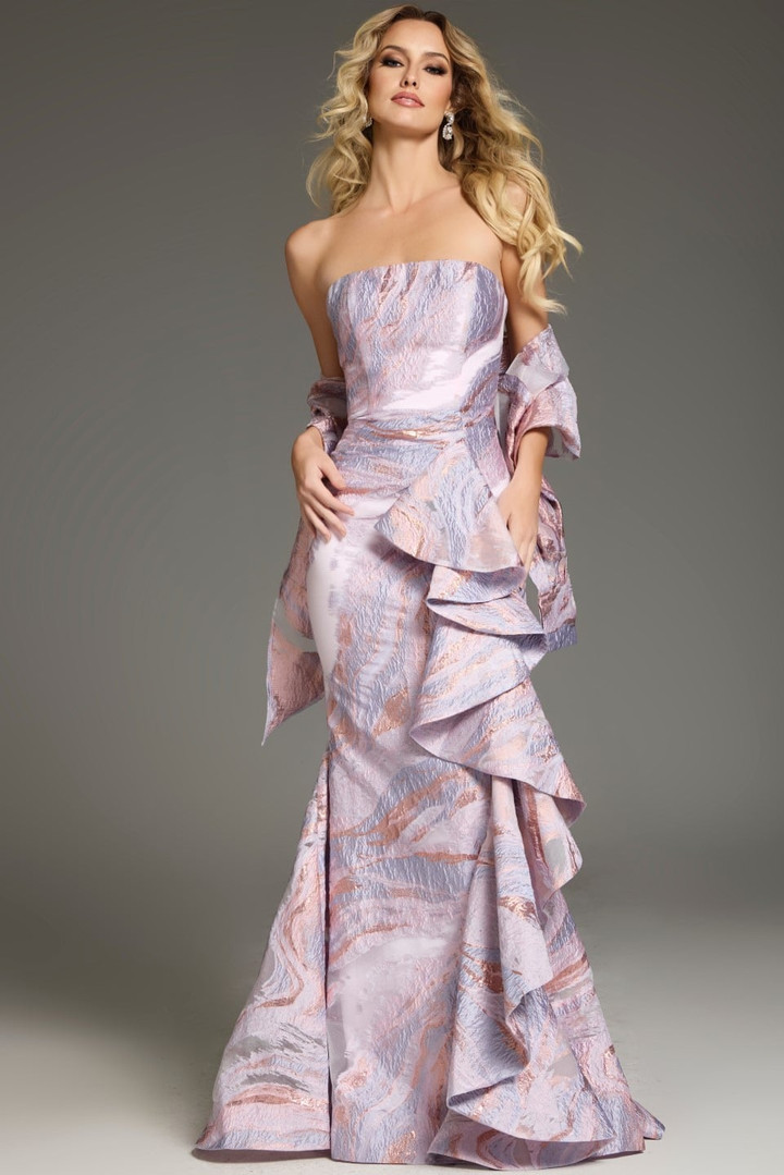 Jovani 31137 Jacquard Textured Ruffles Strapless Fitted Gown