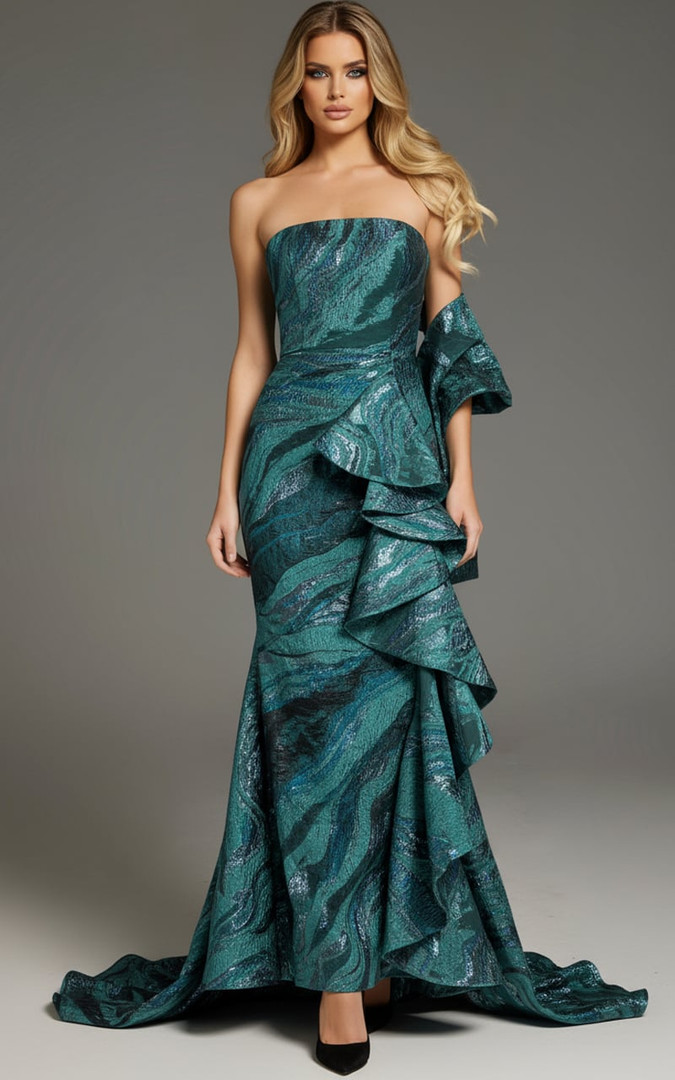 Jovani 31137 Jacquard Textured Ruffles Strapless Fitted Gown