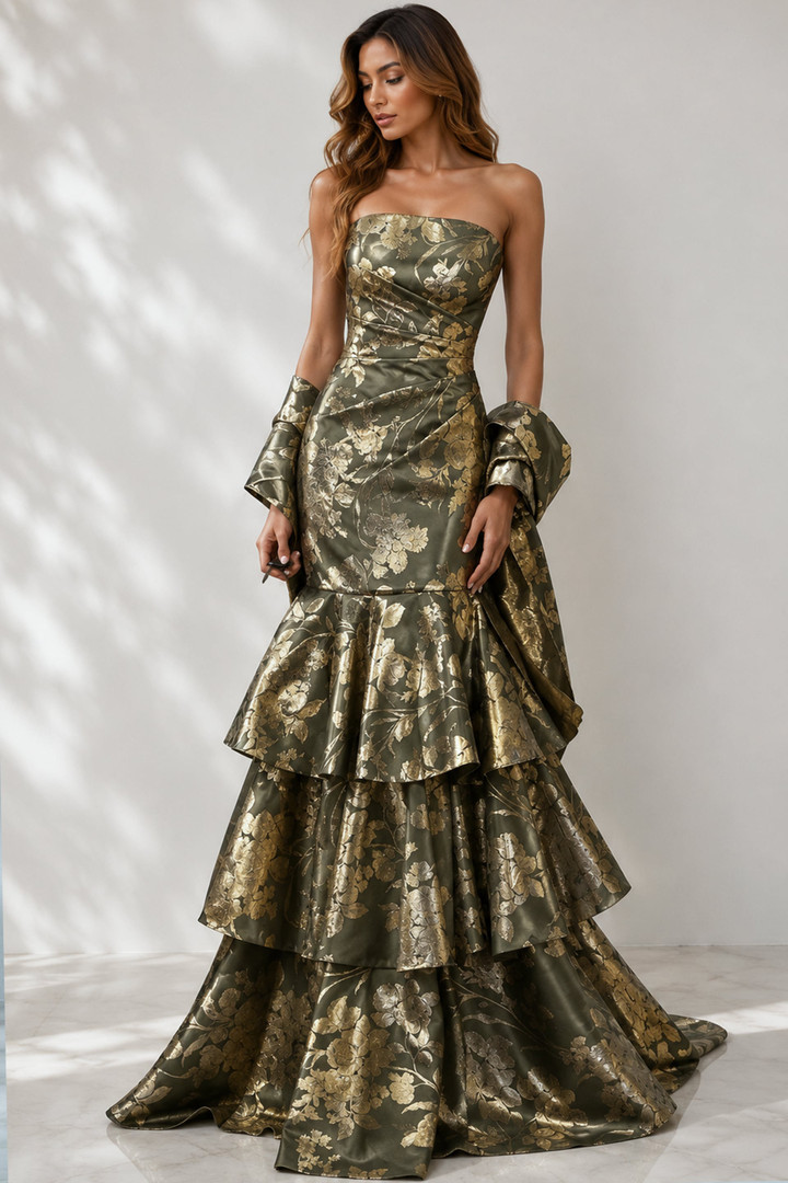 Jovani 49031 Jacquard Floral Brocade Tiered Strapless Gown