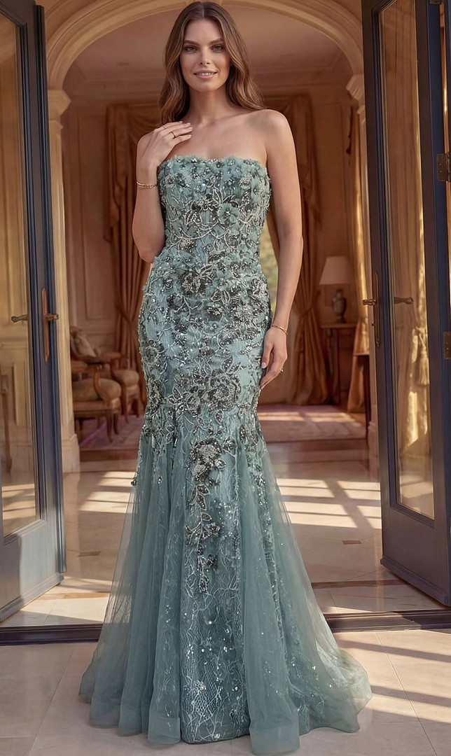 Jovani 48476 Beaded Embellished Strapless Tulle Skirt Gown