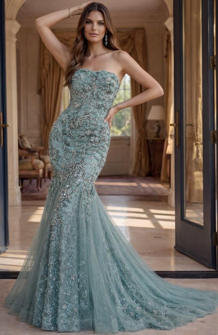 Jovani 48476 Beaded Embellished Strapless Tulle Skirt Gown