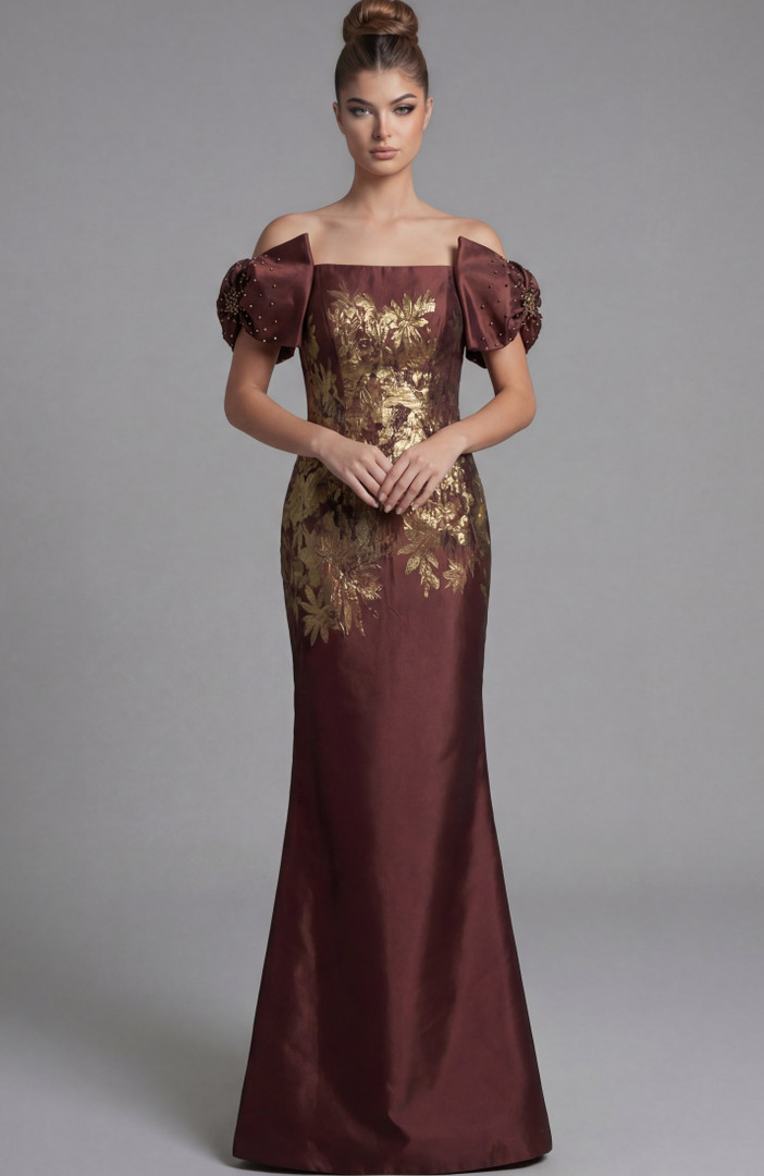 Jovani 45579 Taffeta Floral Brocade Off Shoulder Sleeve Gown