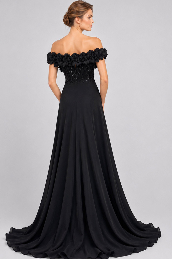 Jovani 50212 Chiffon Beaded 3D Rose Floral Off Shoulder Gown