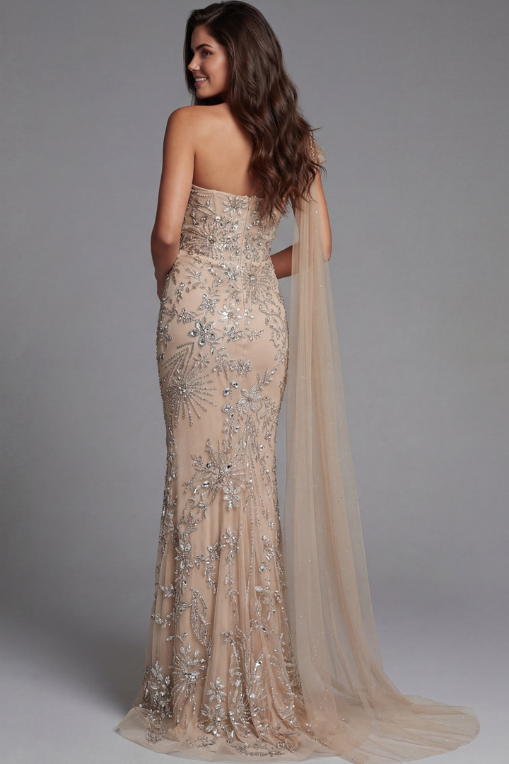 Jovani 50205 Tulle Beaded Embellished One Shoulder Gown