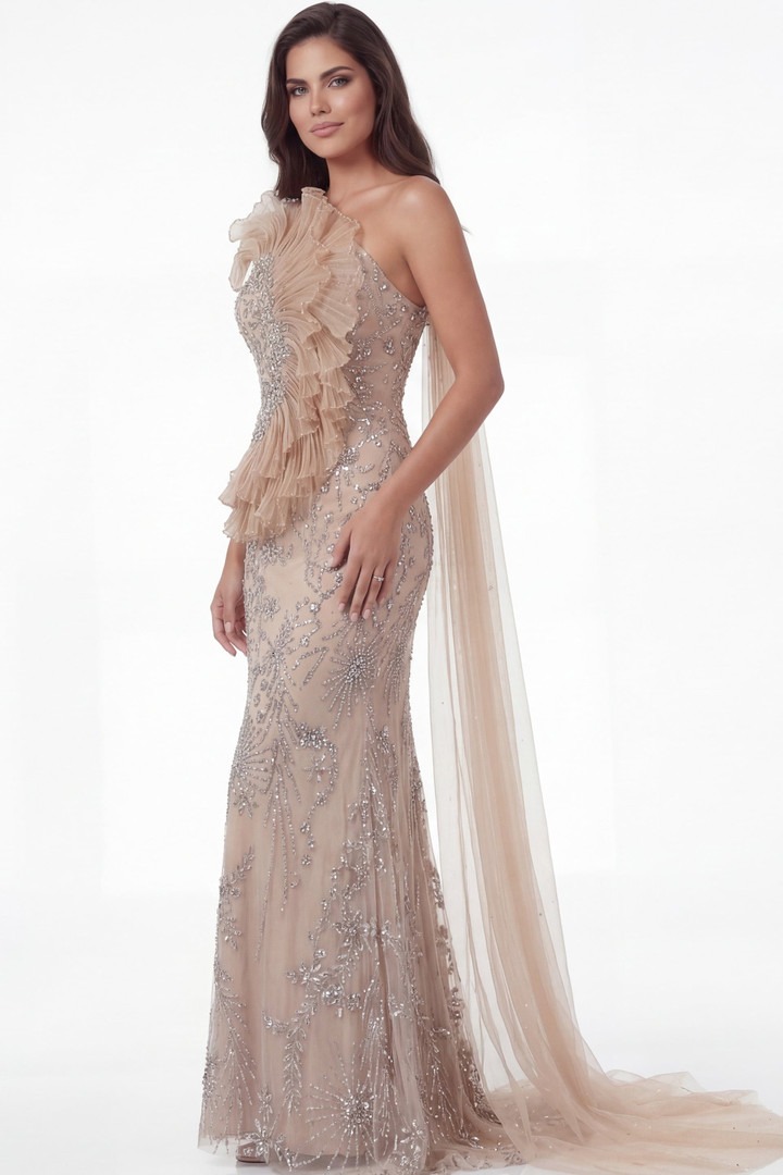 Jovani 50205 Tulle Beaded Embellished One Shoulder Gown