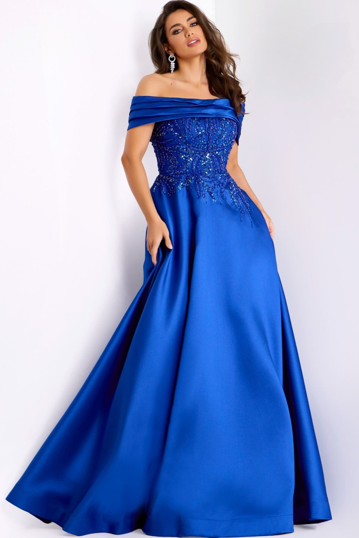 Jovani 44308 Satin Embellished Off-Shoulder Sleeves Gown