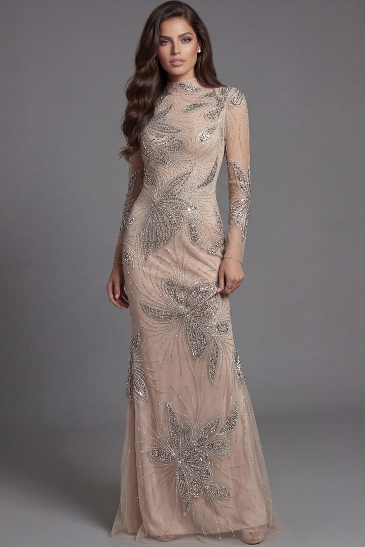 Jovani 47094 Embellished Illusion High Neck Long Sleeve Gown